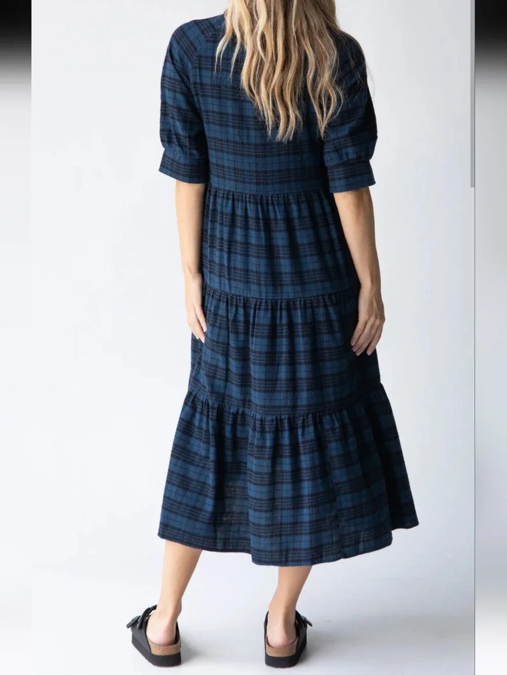 Natural Life Blue Plaid Tiered Midi Dress with Pockets Size M - Picture 2 of 12